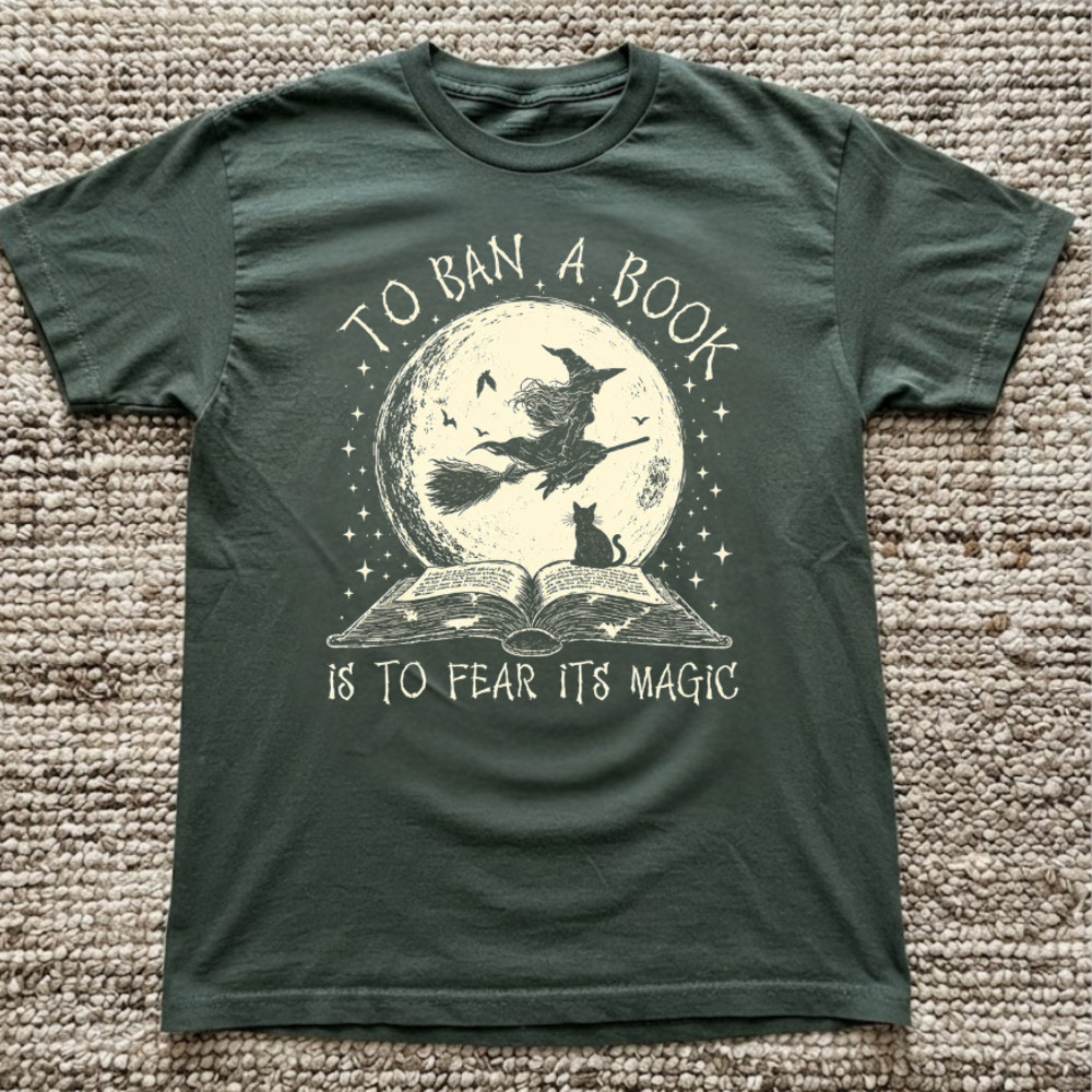 Magic Witch Flying On Broom Cat Moon Vintage Green T-Shirt